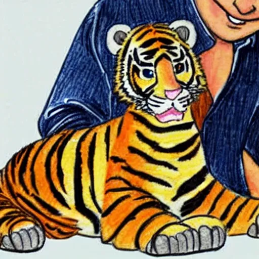 Prompt: a seven year old's drawing of a man hugging his pet tiger, crude crayon scribbles, poorly drawn