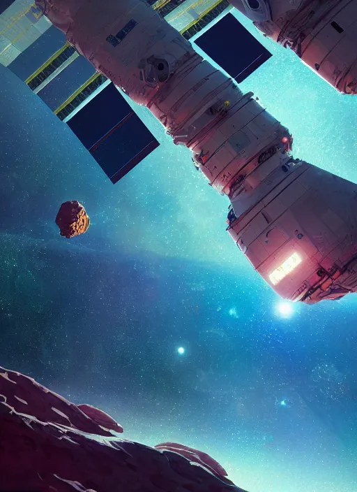 Prompt: a hyperrealism film shot of space station inside an asteroid, vibrant color scheme, highly detailed, in the style of romanticism, cinematic, artstation, moebius, greg rutkowski