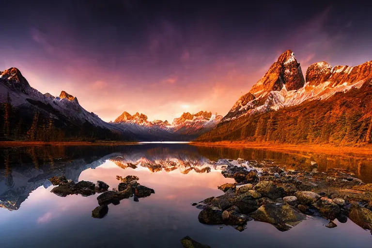 Image similar to amazing landscape photo of mountains with lake in sunset by marc adamus beautiful dramatic lighting