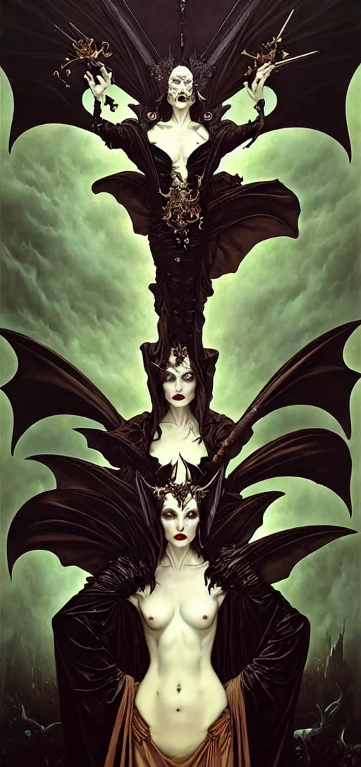 Prompt: baroque oil painting of vampire queen in gothic robes with bat wings, by nekro, peter mohrbacher, alphonse mucha, brian froud, yoshitaka amano, kim keever, victo ngai, james jean