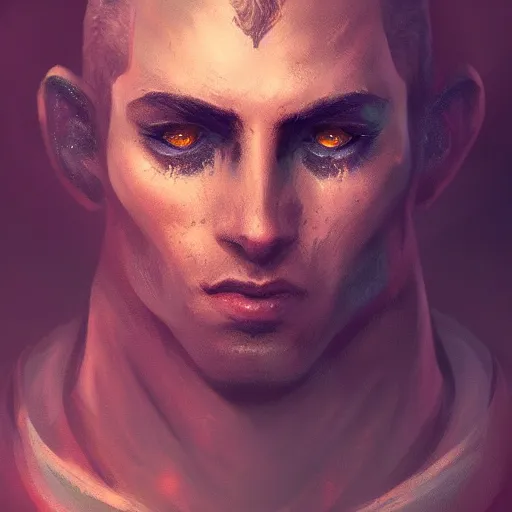 Image similar to a stunning portrait of a noble and fierce male human fantasy warrior, with glowing eyes, smoke out of eyes, intricate, highly detailed, digital painting, artstation, concept art, smooth, sharp focus, atmospheric, cinematic