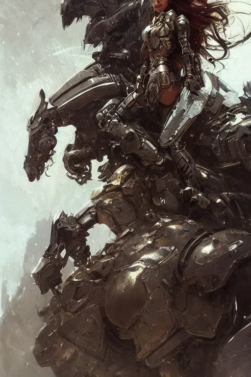 Prompt: portrait girl metal cyborg armor and metal horse by gaston bussiere, anna nikonova aka newmilky, greg rutkowski, yoji shinkawa, yoshitaka amano, tsutomu nihei, donato giancola, geoffroy thoorens, concept art, trending on artstation, featured on pixiv