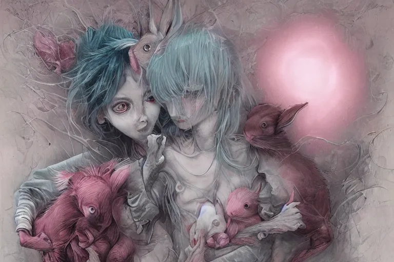 Image similar to Keeping you sane And you fade away just enough, You felt the edge again, You took two pills And you fell asleep, Hugging six rabbits, And having pink nightmares, concept art, trade on artstation, sharp focus, psychedelic, by Yoshitaka Amano, Mark Ryden, Gloom, Peter Mohrbacher, fantasy art, masterpiece, Hyperrealism. Subsurface scattering. Octane Render. Weirdcore