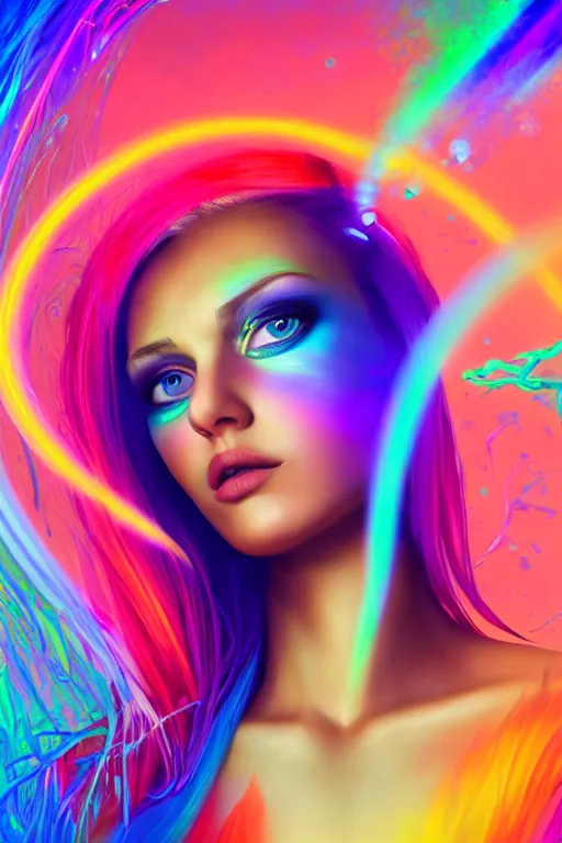 Prompt: a award winning half body portrait of a beautiful woman with stunning eyes in a croptop and cargo pants with rainbow colored ombre hairstyle head in motion and hair flying by thomas danthony, surrounded by whirling illuminated liquids and lines, outrun, vaporware, shaded flat illustration, digital art, trending on artstation, highly detailed, fine detail, intricate