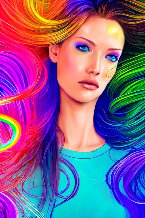 Image similar to a award winning half body portrait of a beautiful woman with stunning eyes in a croptop and cargo pants with rainbow colored ombre hairstyle head in motion and hair flying by thomas danthony, surrounded by whirling illuminated liquids and lines, outrun, vaporware, shaded flat illustration, digital art, trending on artstation, highly detailed, fine detail, intricate