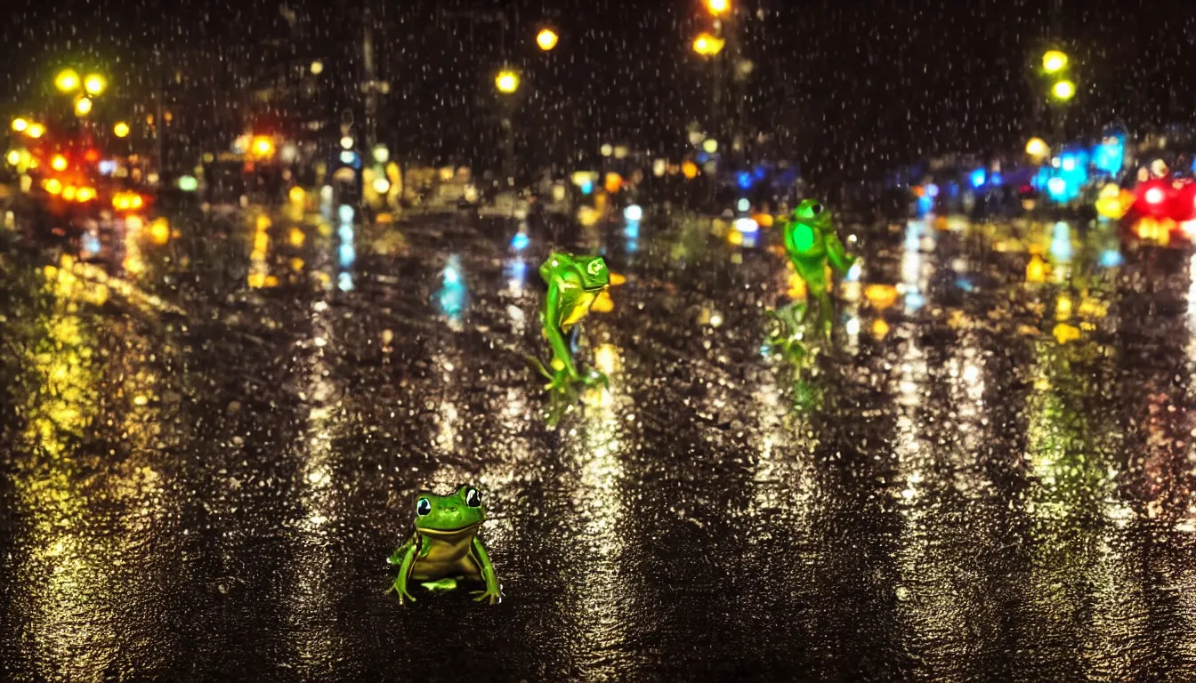 Image similar to photo, night, rain, modern street, lights, close up the fat frog on wet road
