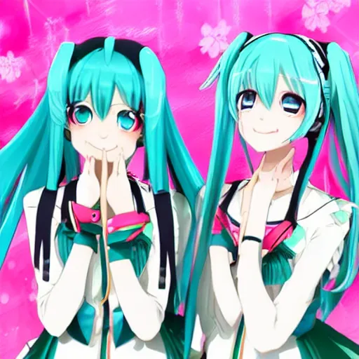 Image similar to hatsune miku and gumi hanging out having fun, best friends, detailed, anime