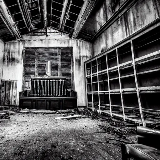 Image similar to black and white photo of a haunted pipe organ in an abandoned warehouse, dirty, hazy, depressing, haunted