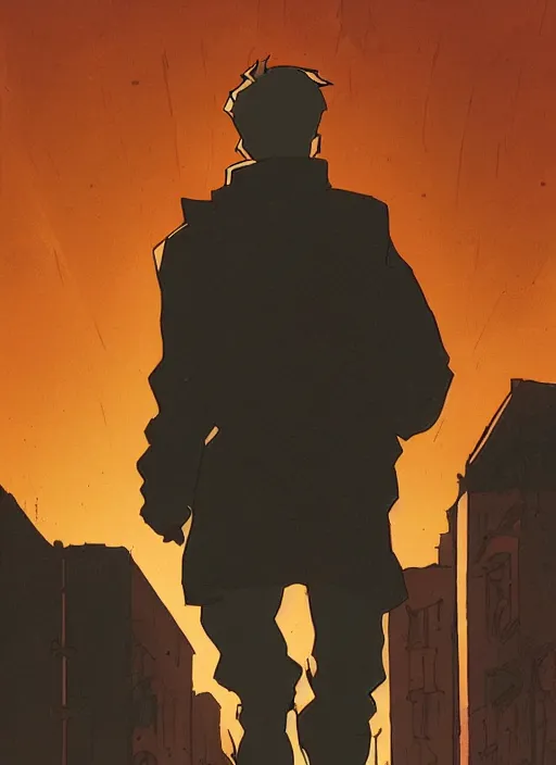 Prompt: young blonde beautiful male boy walking on a city street, mike mignola style, comics, beautiful composition, wide angle, cinematic, volumetric lighting, intricate details