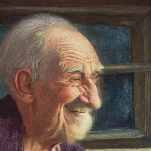 Prompt: the head of a smiling old man seen through a window