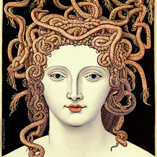 Image similar to detailed, portrait of medusa, surrounded by lotus flowers and snakes