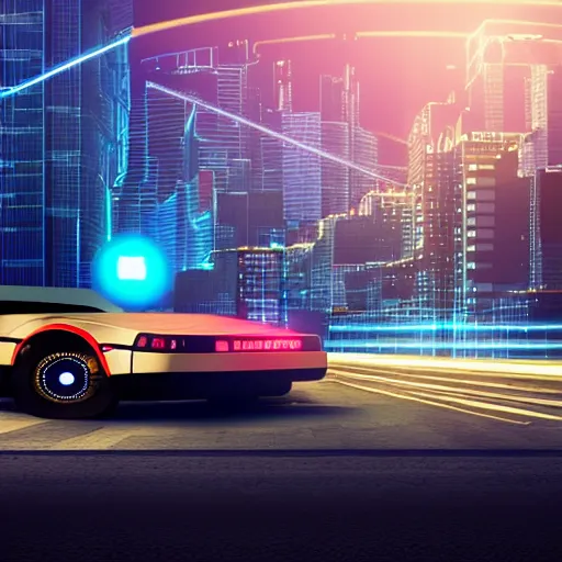 Prompt: digital art of a futuristic neon city sharp photorealistic octane render, bokeh in the background only, a in futuristic delorean hover in the foreground, deep perspective