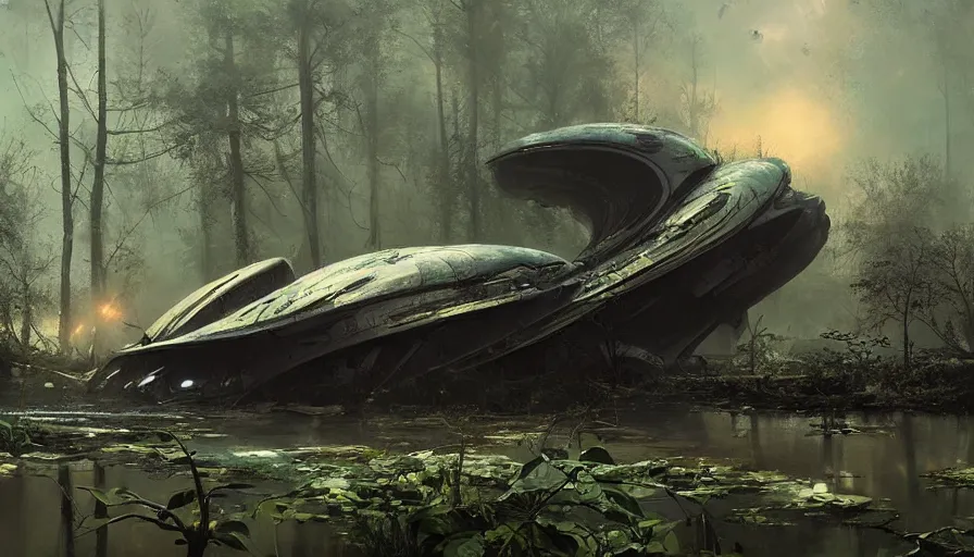 Image similar to a beautiful painting of a crashed alien space ship in a swamp, ray traced lighting by kalin popov and greg rutkowski