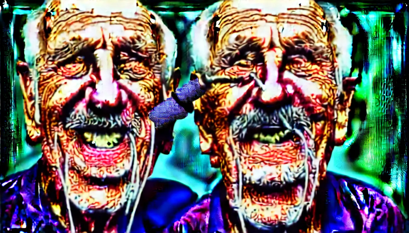 Prompt: hyper realistic color photo, portrait of a single weathered old man, aesthetic laughing woman smoking pipe, cables, vapour emerge from their eyes, dramatic lighting and shadow!!, full colour, upscale, 8 k, masterpiece