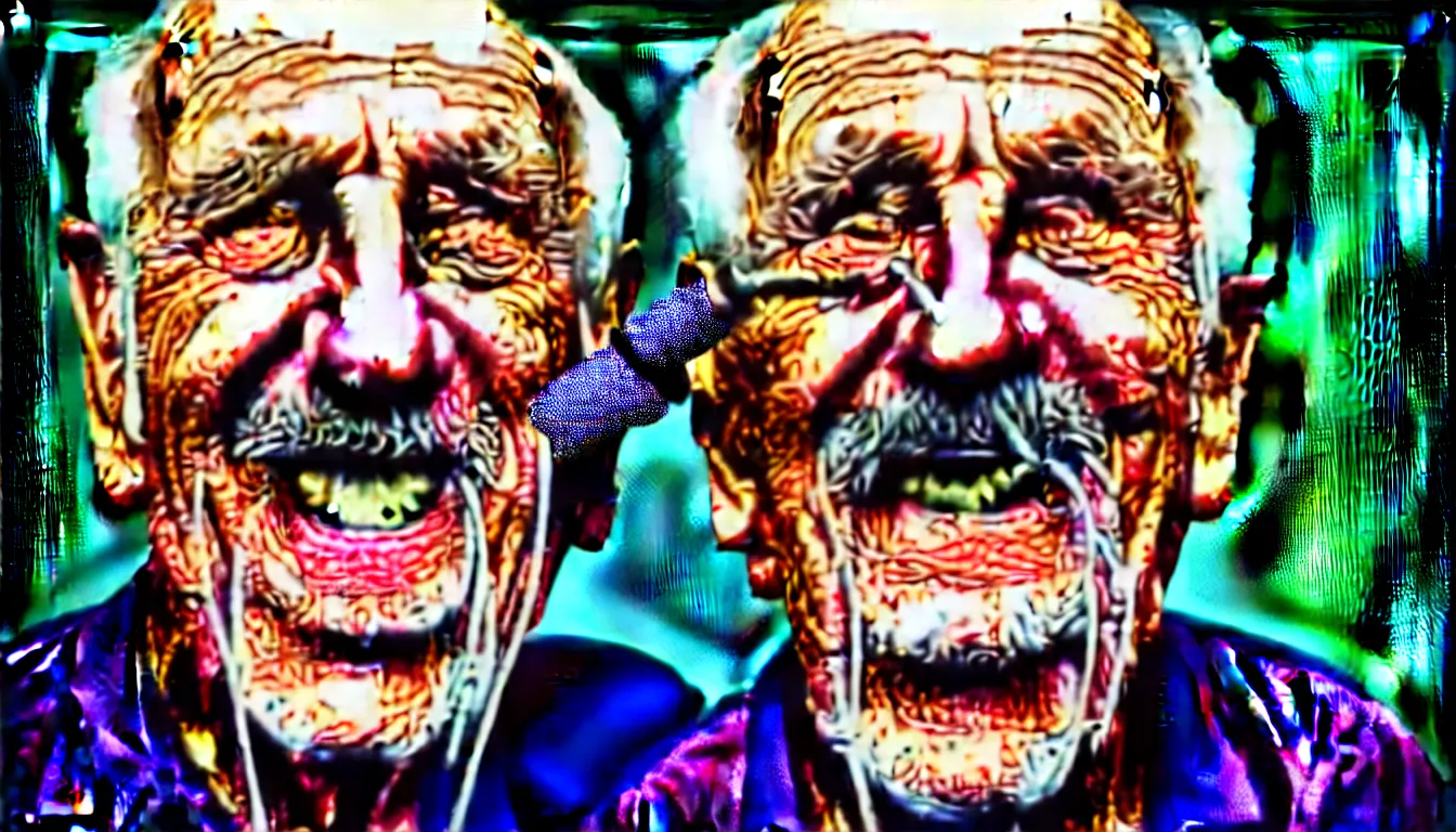 Image similar to hyper realistic color photo, portrait of a single weathered old man, aesthetic laughing woman smoking pipe, cables, vapour emerge from their eyes, dramatic lighting and shadow!!, full colour, upscale, 8 k, masterpiece