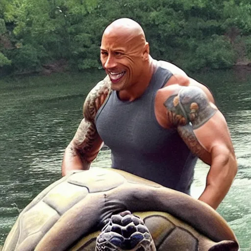 Prompt: Dwayne Johnson riding a turtle