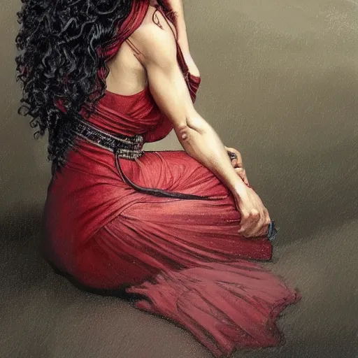 Image similar to full figure ultra realistic illustration, thandie newton wearing a maiden red dress, black wavy hair, old west, intricate, elegant, highly detailed, digital painting, artstation, concept art, smooth, sharp focus, illustration, art by artgerm and greg rutkowski and alphonse mucha