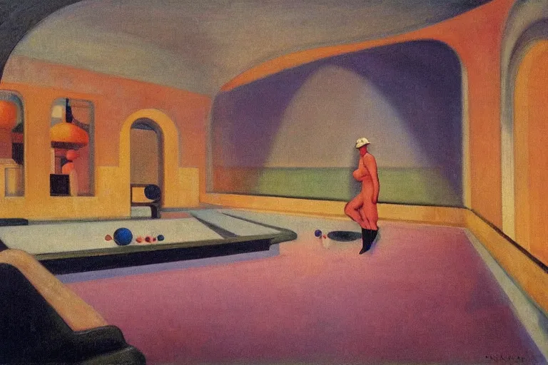 Prompt: 1920s cinematic aerial view of decorated surrealist cozy art deco secret underground bowling alley by Edward Hopper, the moon casts long exaggerated shadows, crystalline light rays refract dust, cool blacklight hue, impressionst oil painting on wood, big impressionist oil paint strokes, aerial view