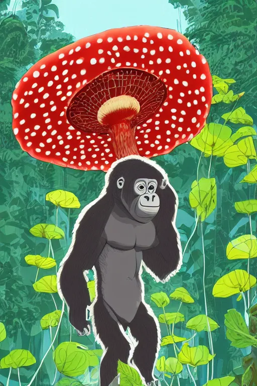 Image similar to gorilla at a concert holding a amanita muscaria, sunshine, by alba ballesta gonzalez and moebius. 4 k wallpaper, digital flat 2 d, japan animation, comic book, illustration, cinematic lighting, smooth sharp focus.