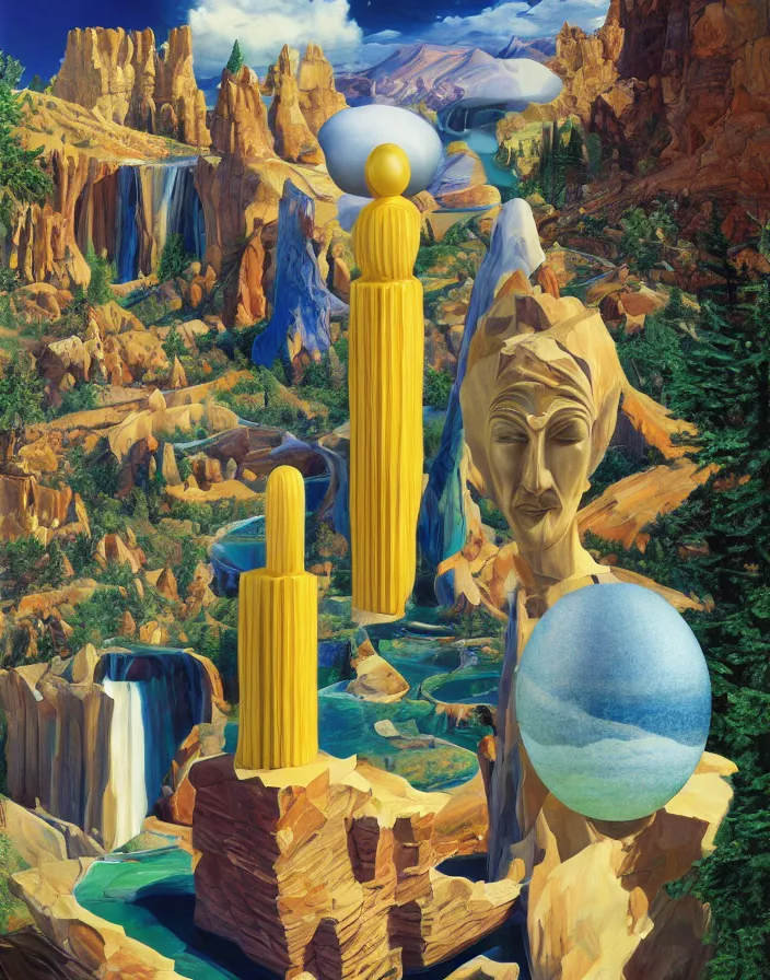 Prompt: high quality DSLR photograph of a vibrant Bryce 3d surrealist world imagined by Larry Elmore Kerlaft, with a surrealist subject by Constantin Brâncuși, hyper realistic