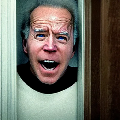 Image similar to the scene from the shining where jack shoves his face through the door but it's joe biden