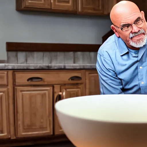 Prompt: Dave Ramsey eating a bowl of cooked lentils, unhappy, dirty house, wearing dirty clothes, realistic, 4K, highly detailed,