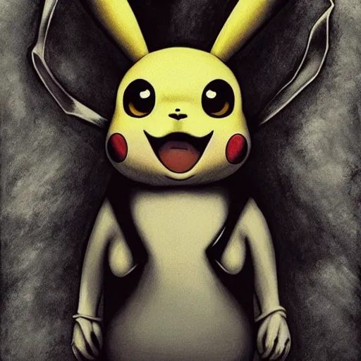 Prompt: a photorealistic pikachu by tim burton. Gothic. Portrait. Detailed.