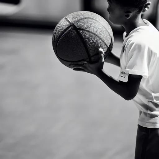 Prompt: a black and white photo of a black kid shooting a basketball, very realistic, realistic face, photorealistic, good angle, back angle