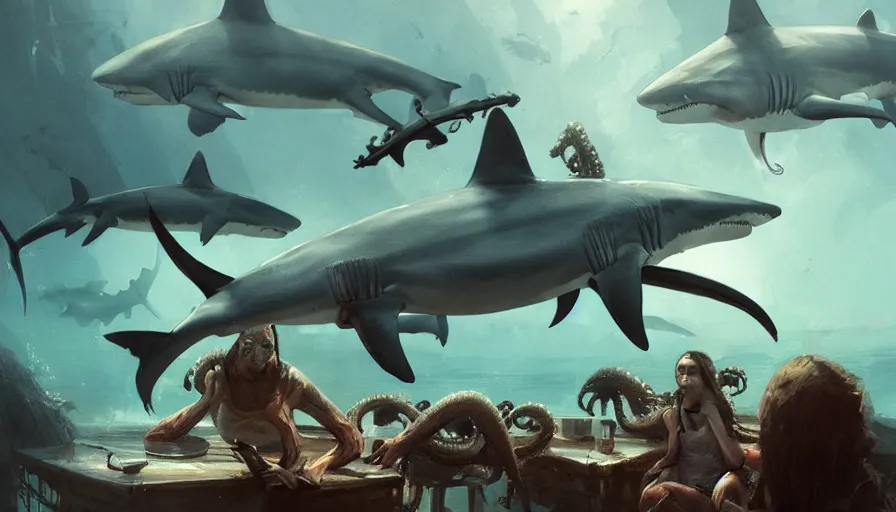 Prompt: sharks, octopus, water, by greg rutkowski and maciej rebisz, Trending on artstation