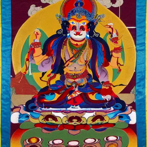 Prompt: mahakala tibetan deity as the mad drunk french philosopher foucault, tibetan thangka