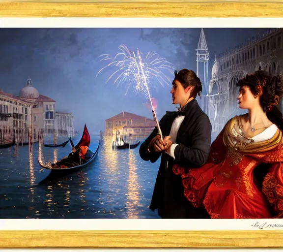 Image similar to photography of a 1 8 th couple in venice with fireworks, deep focus, intricate, elegant, highly detailed, digital painting, artstation, concept art, matte, sharp focus, illustration, art by artgerm and greg rutkowski and alphonse mucha and gil elvgren