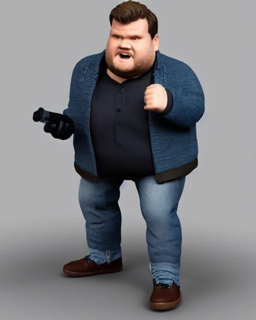 Image similar to full body 3d render of James Corden as a funko pop, studio lighting, white background, blender, trending on artstation, 8k, highly detailed