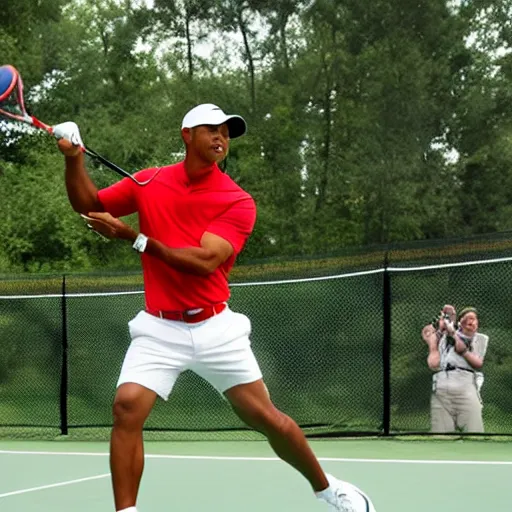 Prompt: tiger woods playing basketball with a tennis racket realistic