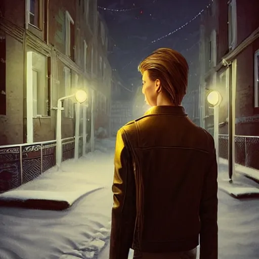 Image similar to by alexander trufanov by artgerm by simon stalenhag young man from back pacing lowering head dressed in short leather bomber jacket to empty narrow alley with street lamps in park with pines to the horizon,, with hands in pockets, snowfall at night, mullet long haircut, black hairs, cinematic, dramatic, detailed, realistic, movie shot, low lighting