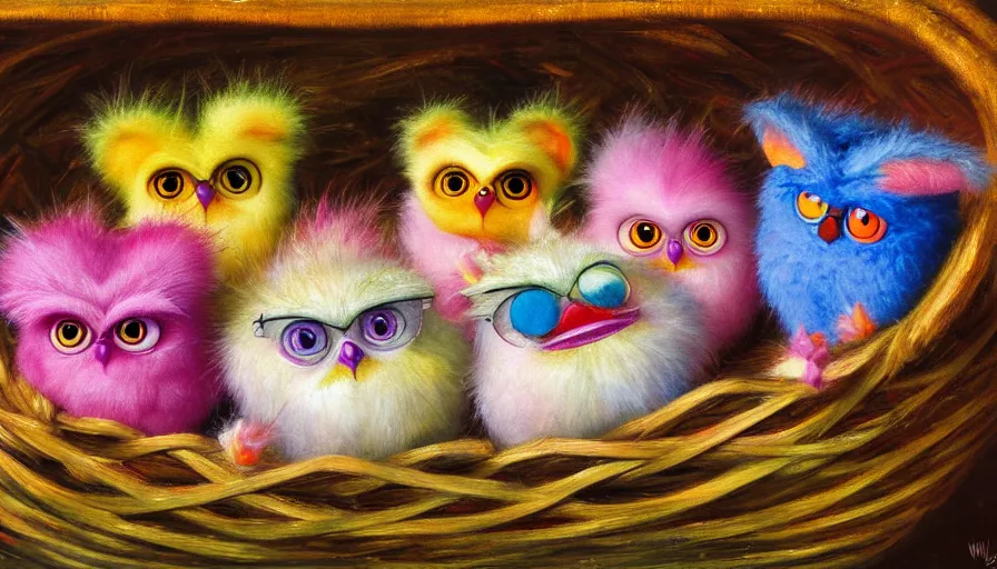 Prompt: highly detailed painting of 9 0 s furby toys cuddling up in a basket by william turner, thick brush strokes and visible paint layers, 4 k resolution