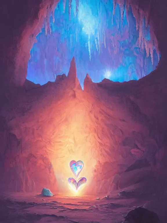 Prompt: a ultradetailed beautiful concept art of the crystal formation of the prismatic heart being absorbing the wonderful colors of the emotion around it in a forgotten cave lighten by the moon light and reflecting on the surface of a quiete lake, concept art, high resolution 4 k, by tom bagshaw, greg rutkowski, charli bowater and artgeem