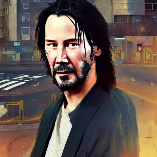 Prompt: keanu reeves if he was a character on a GTA loading screen, au naturel, hyper detailed, digital art, trending in artstation, cinematic lighting, studio quality, smooth render, unreal engine 5 rendered, octane rendered, art style by klimt and nixeu and ian sprigger and wlop and krenz cushart