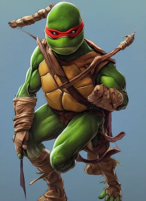 Prompt: elegant renaissance concept art of a male young muscular teenage mutant ninja turtle 1 9 9 0 film, full figure dynamic fighting pose, fantasy, intricate, highly detailed, digital painting, artstation, smooth, sharp focus, illustration, art by artgerm and greg rutkowski and alphonse mucha