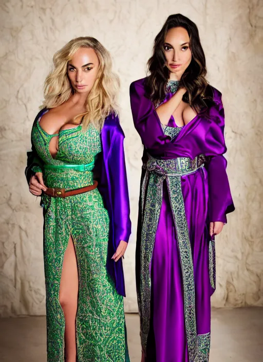 Image similar to portrait of lindsey pelas and gal gadot wearing green kebaya and purple silk belt in a temple, by charlotte grimm, natural light, detailed face, beautiful features, symmetrical, canon eos c 3 0 0, ƒ 1. 8, 3 5 mm, 8 k, medium - format print, half body shot