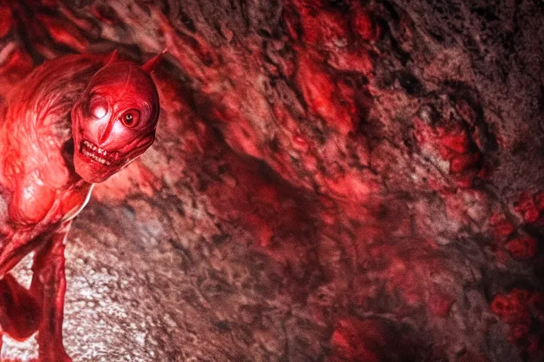 Image similar to vfx movie scene closeup monstrous alien with red streaks in its skin creature in underground rocky cave. by emmanuel lubezki