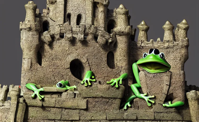 Prompt: happy frogs at a medieval throne castle, highly detailed, extremely high quality, hd, 4 k, 8 k, professional photographer, 4 0 mp, lifelike, top - rated, award winning, cinematic, realistic, detailed lighting, detailed shadows, sharp, no blur, edited, corrected, trending