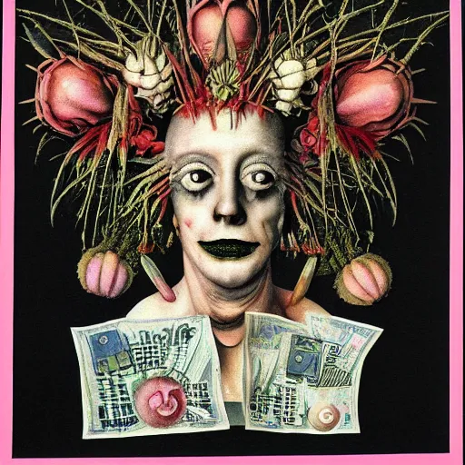 Image similar to post - punk new age album cover, white fabric banner on the top, asymmetrical design, dollar bank notes, capitalism, magic, apocalypse, psychedelic, black white pink, magic, giger h. r., giuseppe arcimboldo