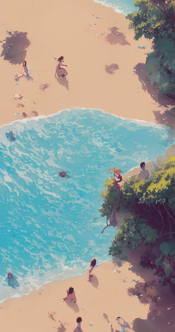 Image similar to Soaking in the sun at the beach, uncluttered, tropical, bright, simple, by Studio Ghibli and Greg Rutkowski, artstation