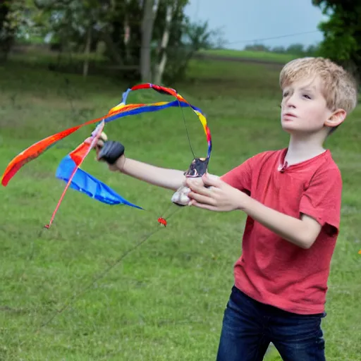 Prompt: a boy flying a kite with the shape of a drone tied to a string.