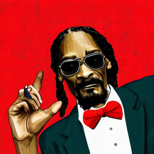 Prompt: Snoop Dogg holding up a gangster sign in the style of Red Redemption 2, red background cell shaded