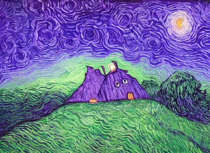 Image similar to detailed painting of a mysterious house inside a giant purple mushroom, mystical dark purple alien landscape at night, dark purple sky, blue bioluminescent life, in the style of studio ghibli and vincent van gogh and claude monet