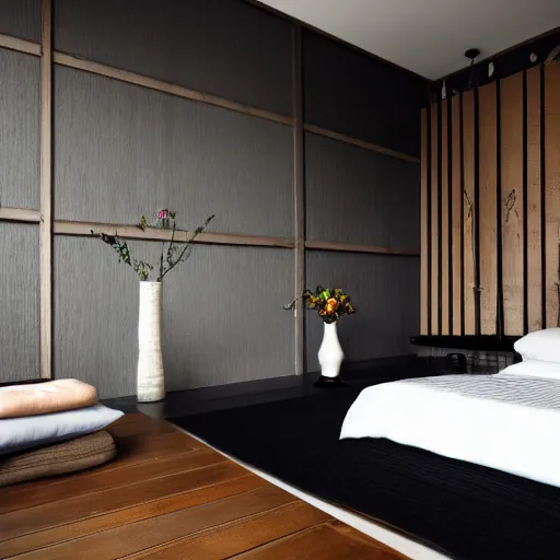 Image similar to bedroom, stone, interior design, stylish luxury hotel bedroom design, yakisugi, black vertical slatted timber, textures, feminine, black walls, art, Japanese pottery vase with flowers, kakejiku, seasonal, Japanese influences