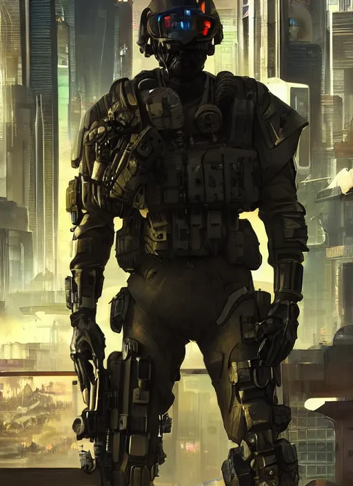 Prompt: Ezra. USN special forces futuristic recon operator, cyberpunk military hazmat exo-suit, on patrol in the Australian autonomous zone, deserted city skyline. 2087. Concept art by James Gurney and Alphonso Mucha. (Black ops, Cyberpunk 2077, eon flux, Titanfall, Apex Legends, Blade runner 2049, rb6s