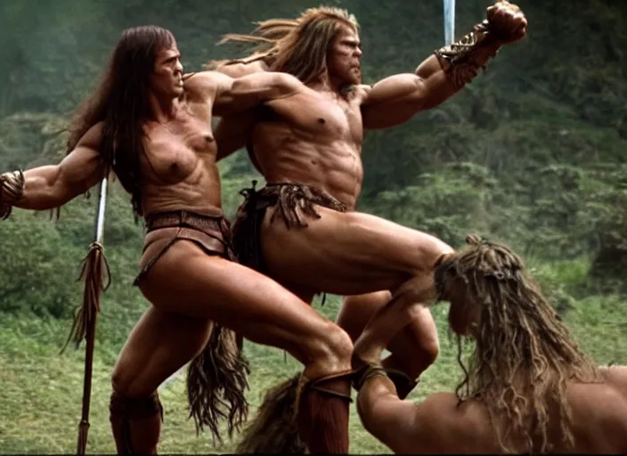 Prompt: beautiful tall muscular amazon wrestling a centaur, movie still, from the movie conan the barbarian, 8 k, realistic, action photography