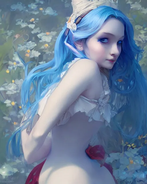 Image similar to pretty girl with blue hair dressed as alice and wonderland, digital painting, 8 k, concept art, art by wlop, artgerm, greg rutkowski and alphonse mucha